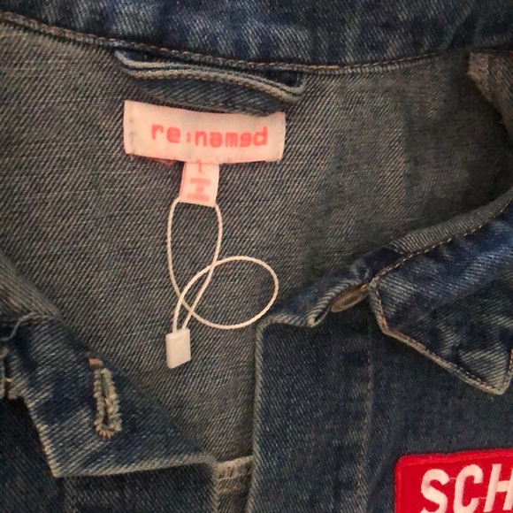 Brand new RE:NAMED Denim jacket with patches Sz L - Picture 2 of 8